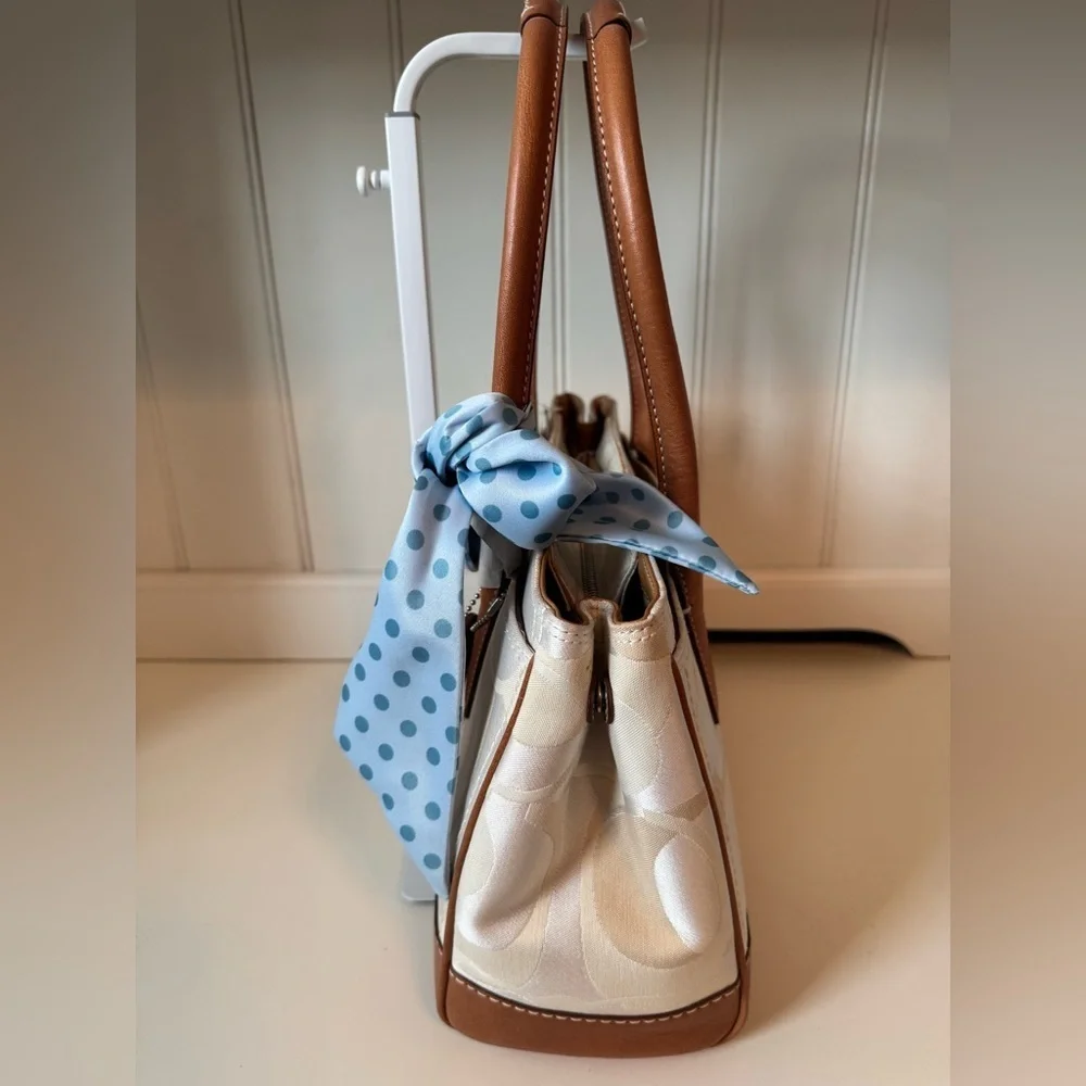Coach Canvas Leather Brown and Cream Handbag with Blue Scarf NWT